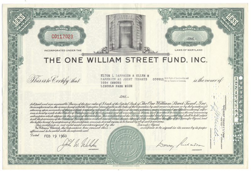 One William Street Fund, Inc. Stock Certificate