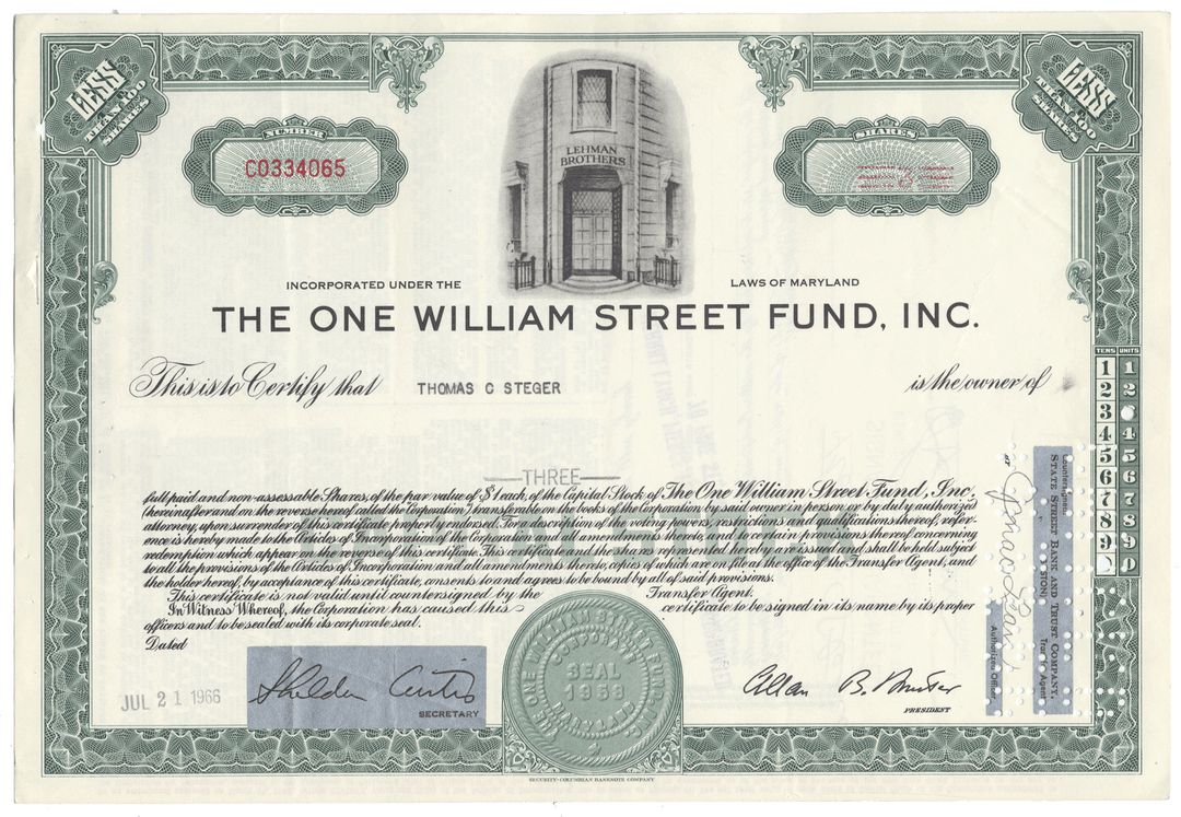 Stock certificate for The One William Street Fund, Inc. with text and decorative elements.