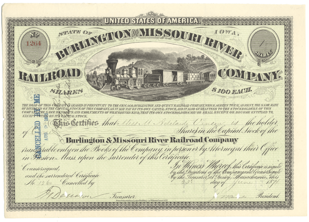 Burlington and Missouri River Railroad Company Stock Certificate