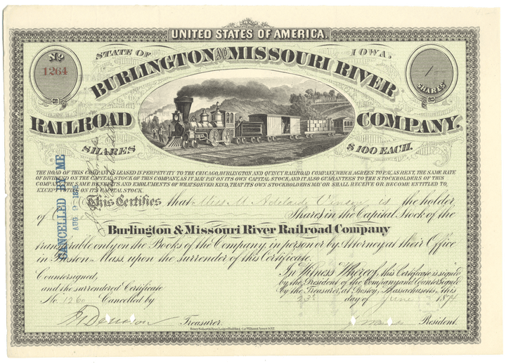 Burlington and Missouri River Railroad Company Stock Certificate