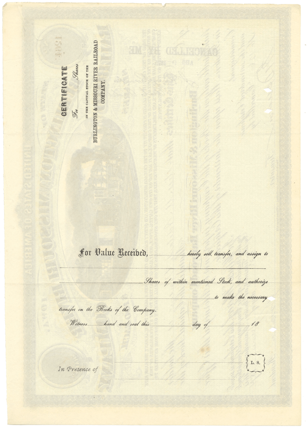 Burlington and Missouri River Railroad Company Stock Certificate