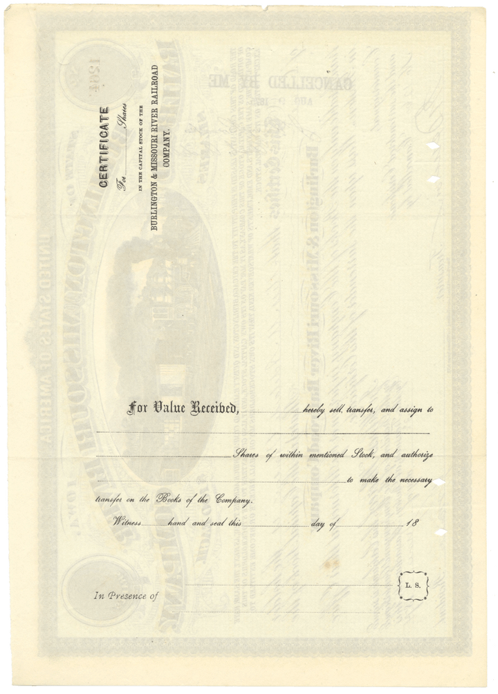 Burlington and Missouri River Railroad Company Stock Certificate