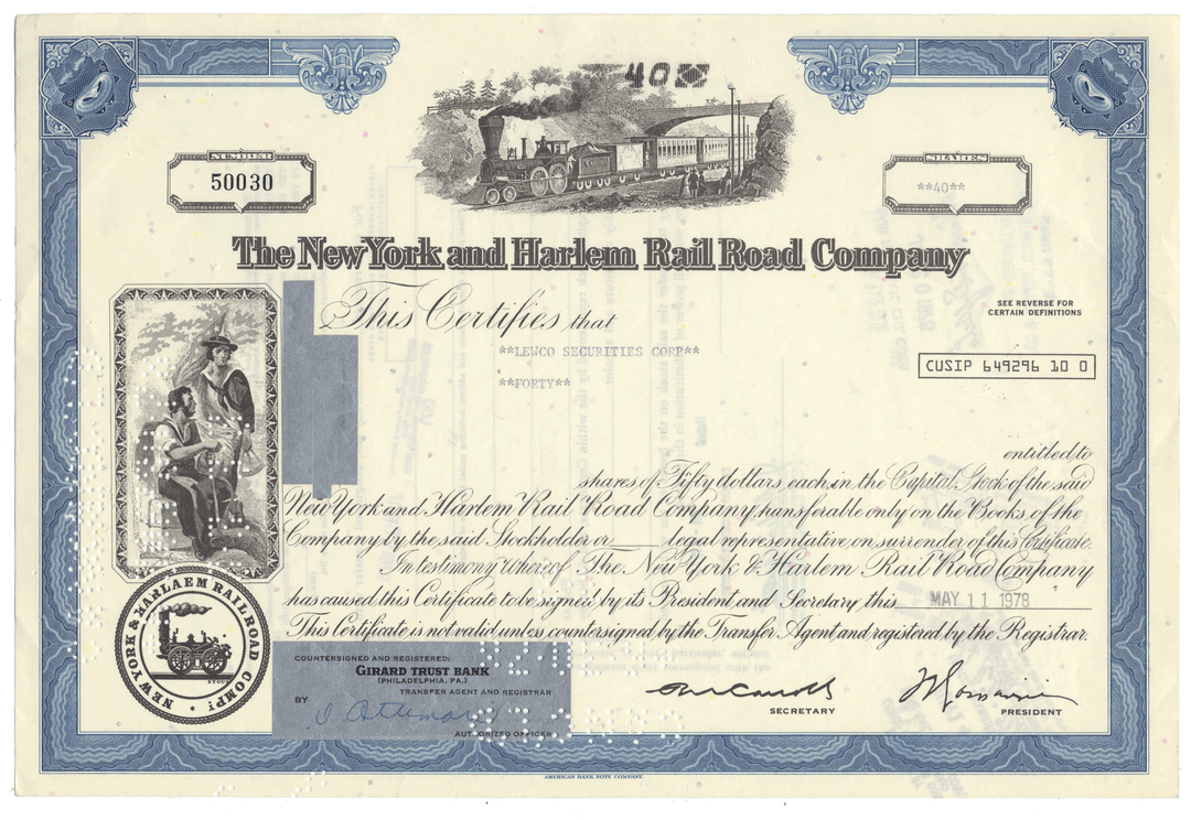 New York and Harlem Rail Road Company stock certificate