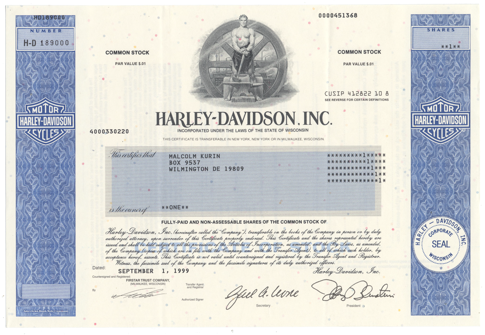 Harley-Davidson, Inc. Stock Certificate