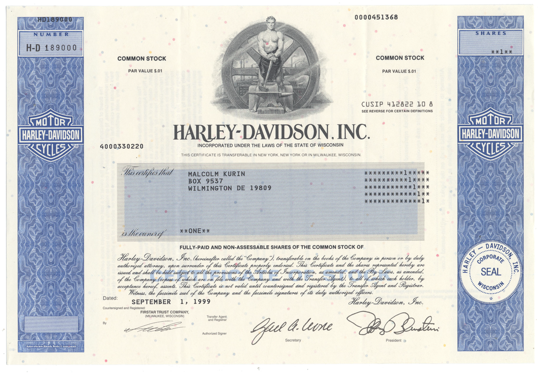 Harley-Davidson, Inc. Stock Certificate