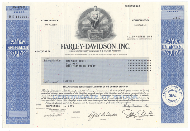 Harley-Davidson, Inc. Stock Certificate