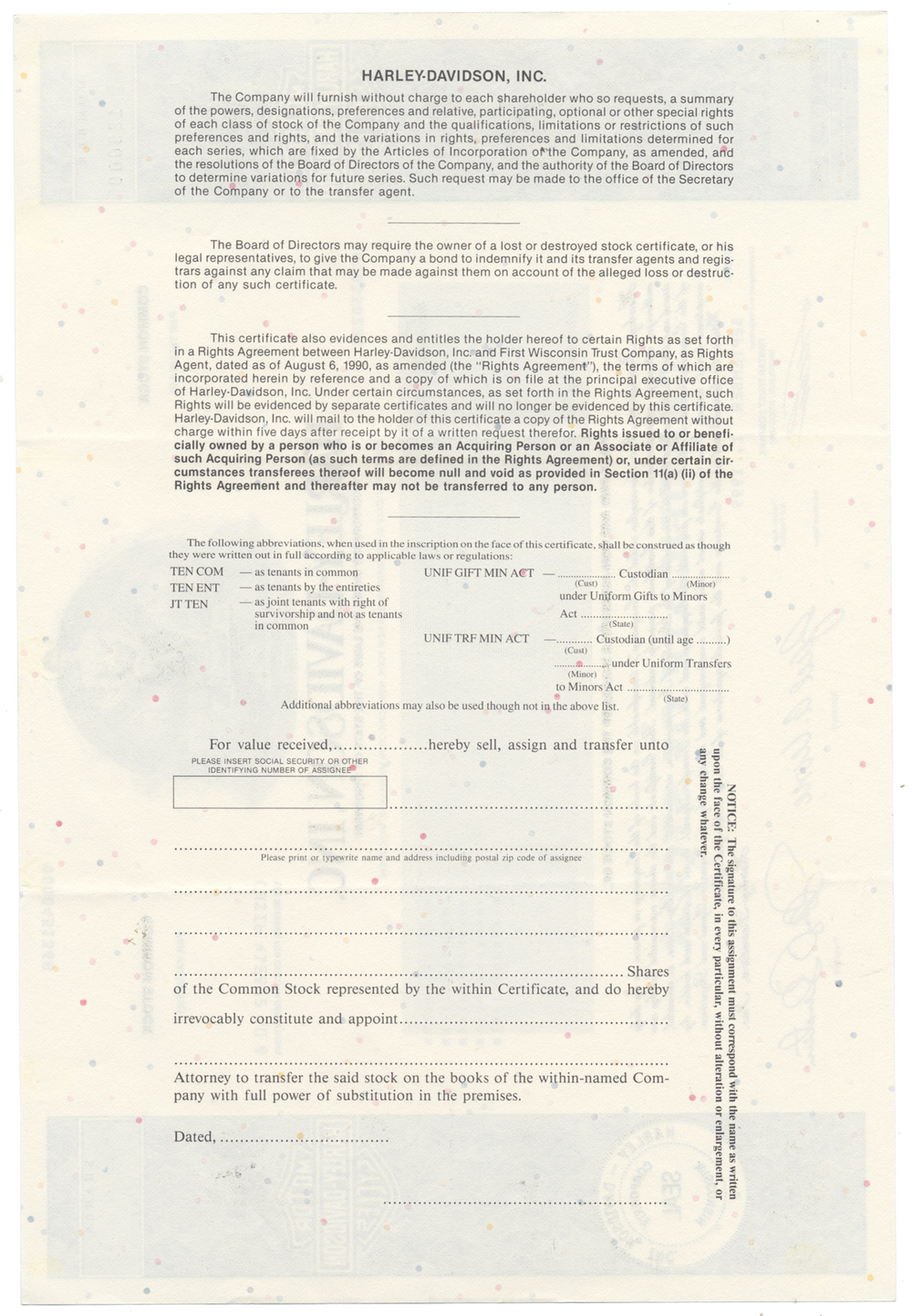 Harley-Davidson, Inc. Stock Certificate