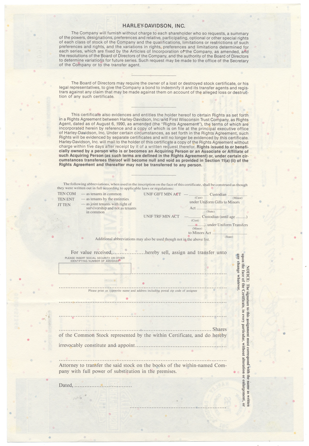 Harley-Davidson, Inc. Stock Certificate