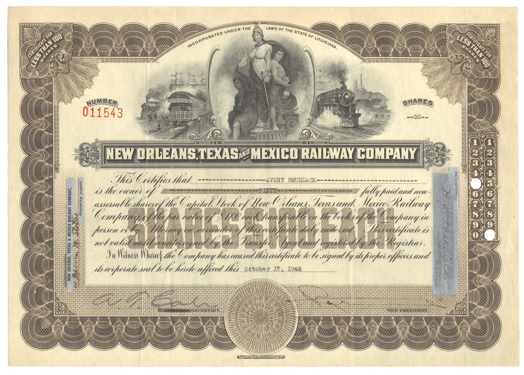New Orleans, Texas and Mexico Railway Company Stock Certificate Issued to Avery Brundage
