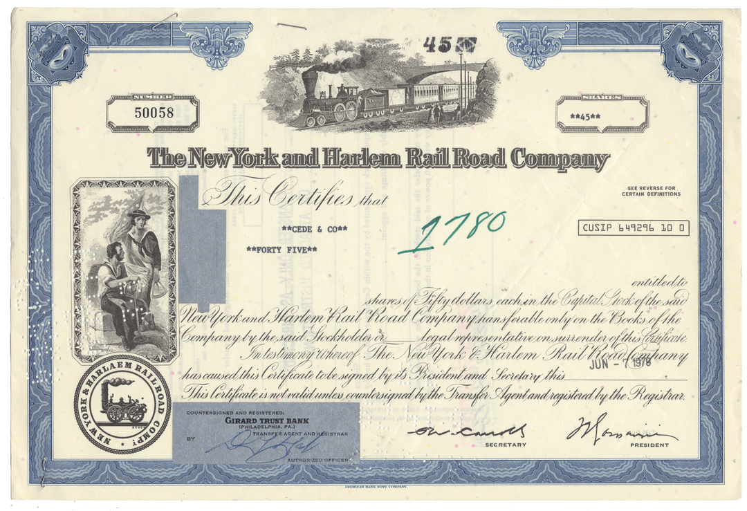Vintage stock certificate for The New York and Harlem Rail Road Company with blue and black design.