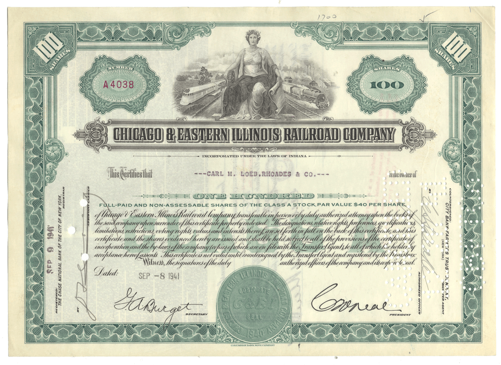 Vintage stock certificate of the Chicago & Eastern Illinois Railroad Company with decorative elements and text.