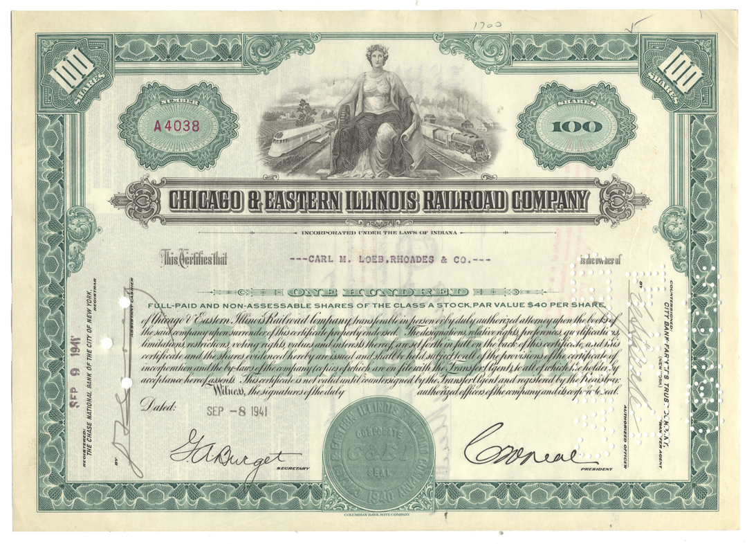 Vintage stock certificate of the Chicago & Eastern Illinois Railroad Company with decorative elements and text.
