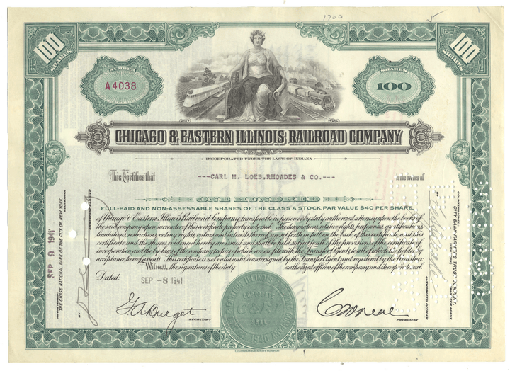 Vintage stock certificate of the Chicago & Eastern Illinois Railroad Company with decorative elements and text.