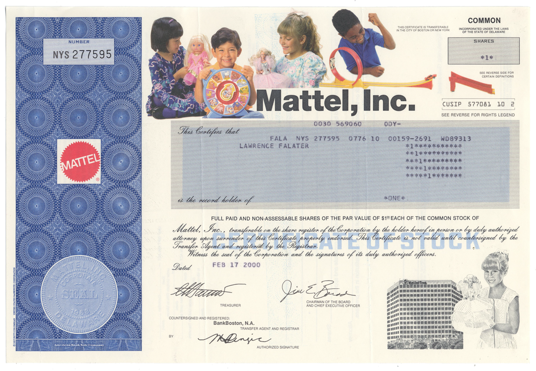 Mattel, Inc. Stock Certificate