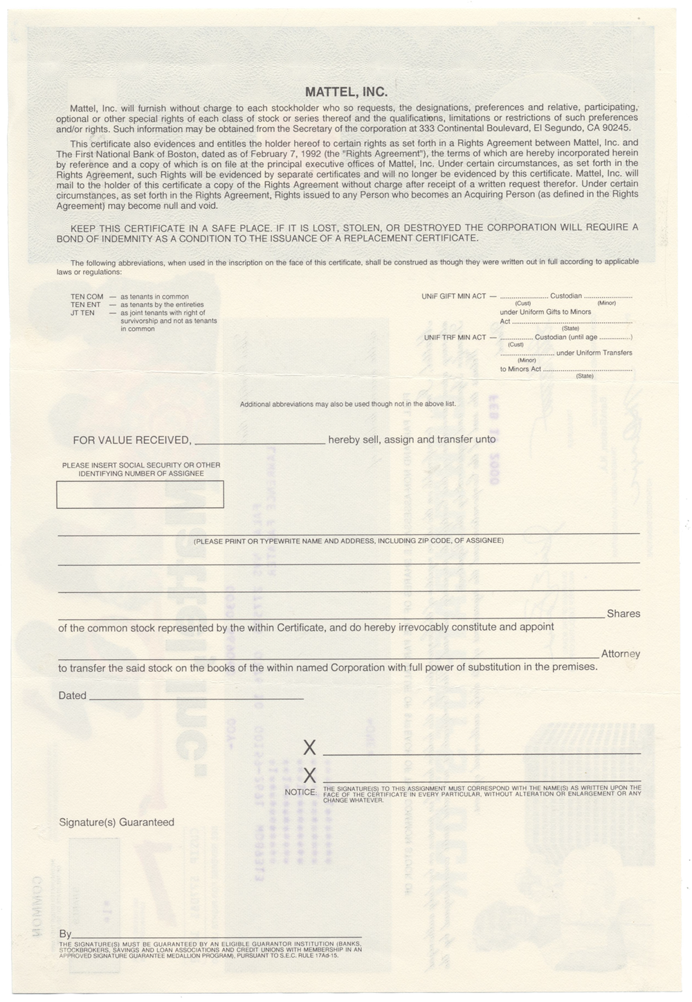 Mattel, Inc. Stock Certificate