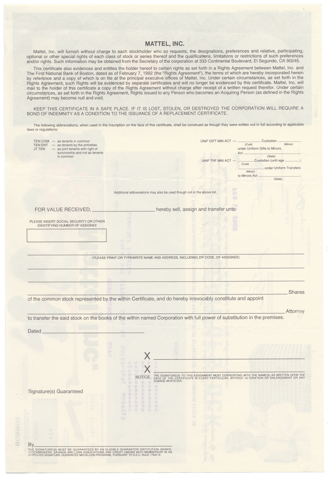 Mattel, Inc. Stock Certificate