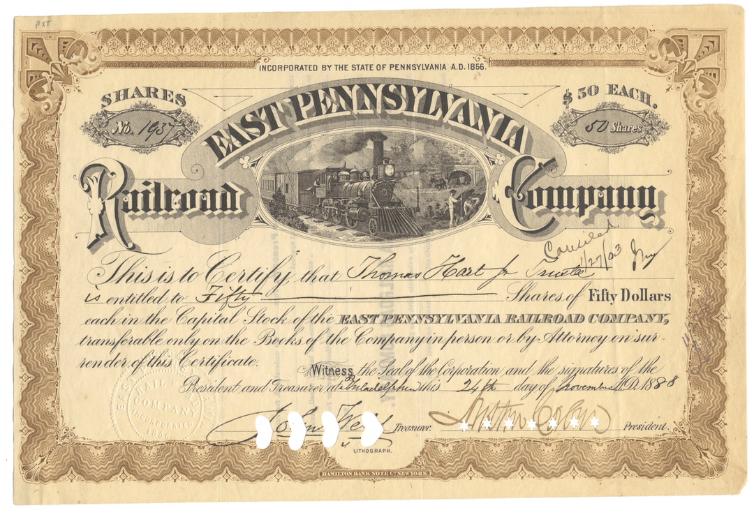 Vintage stock certificate for East Pennsylvania Railroad Company from 1888