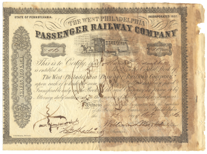 West Philadelphia Passenger Railway Company Stock Certificate