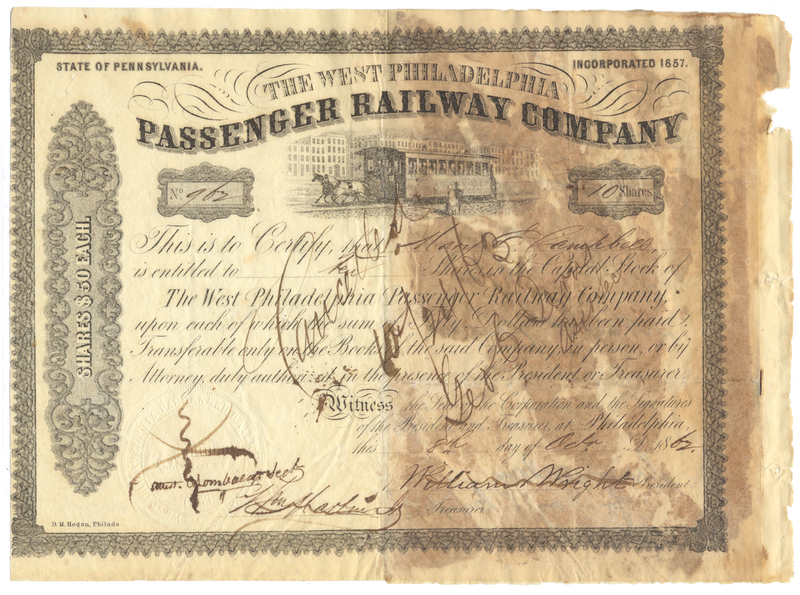 West Philadelphia Passenger Railway Company Stock Certificate
