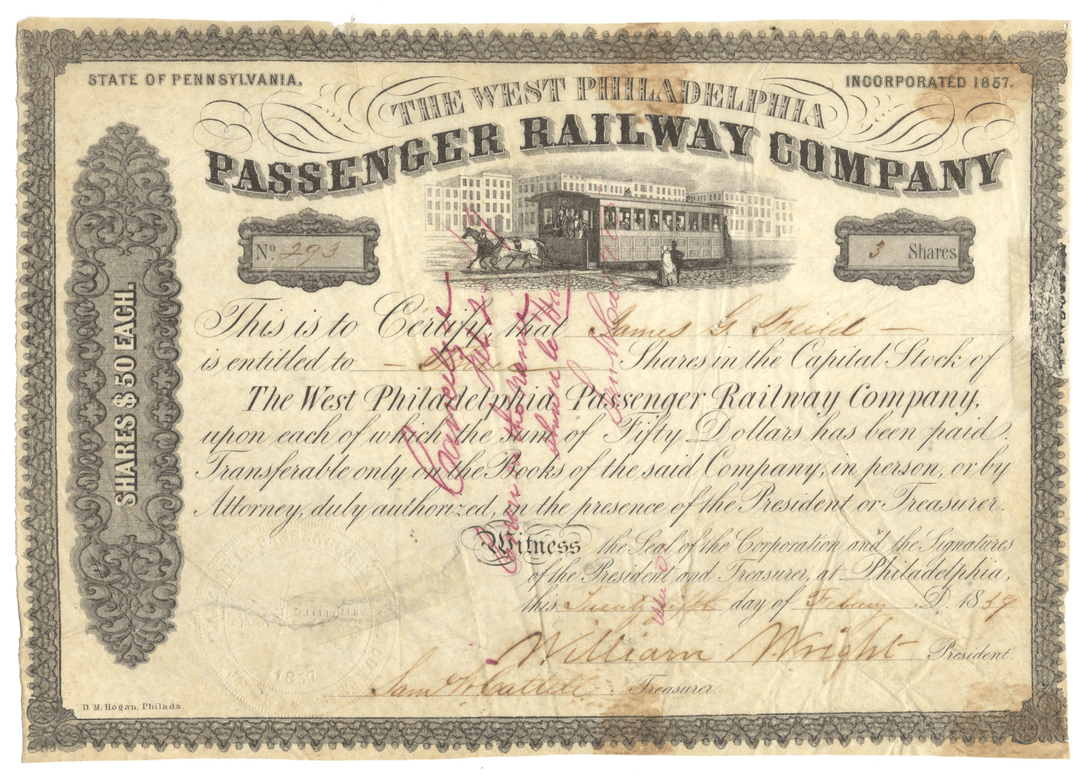 Vintage stock certificate for The West Philadelphia Passenger Railway Company from 1859