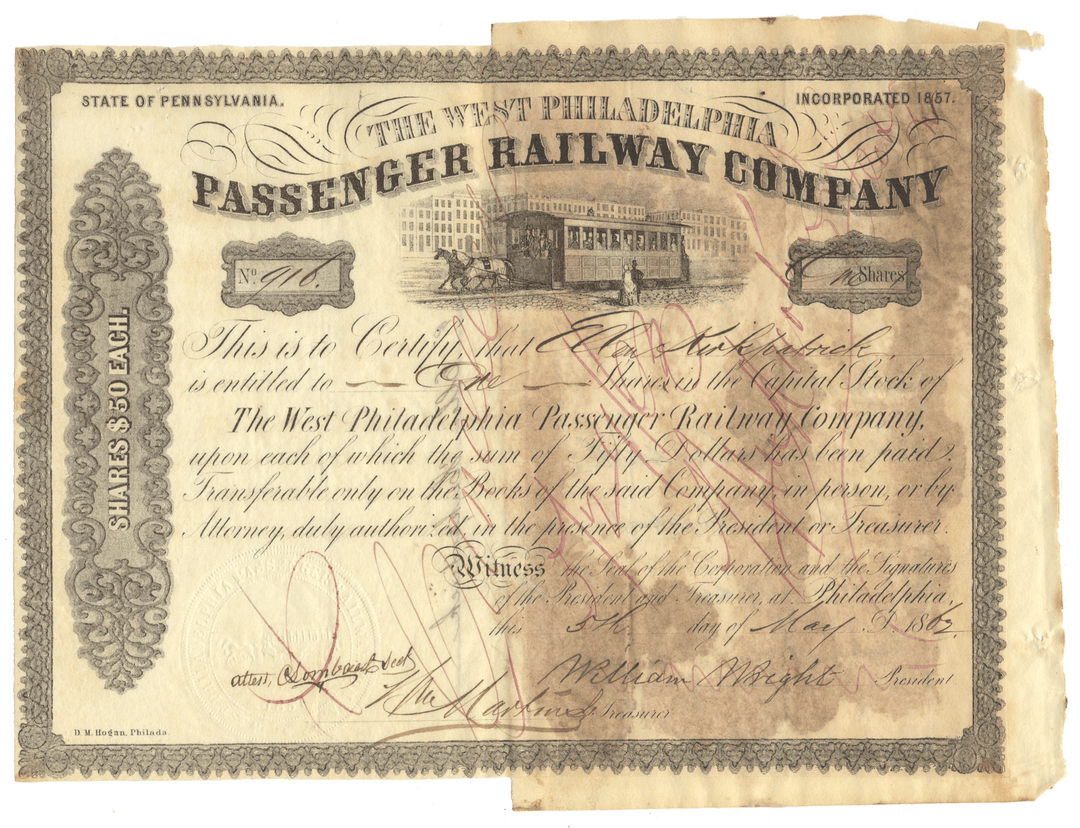 An antique stock certificate from The West Philadelphia Passenger Railway Company, dated 1862