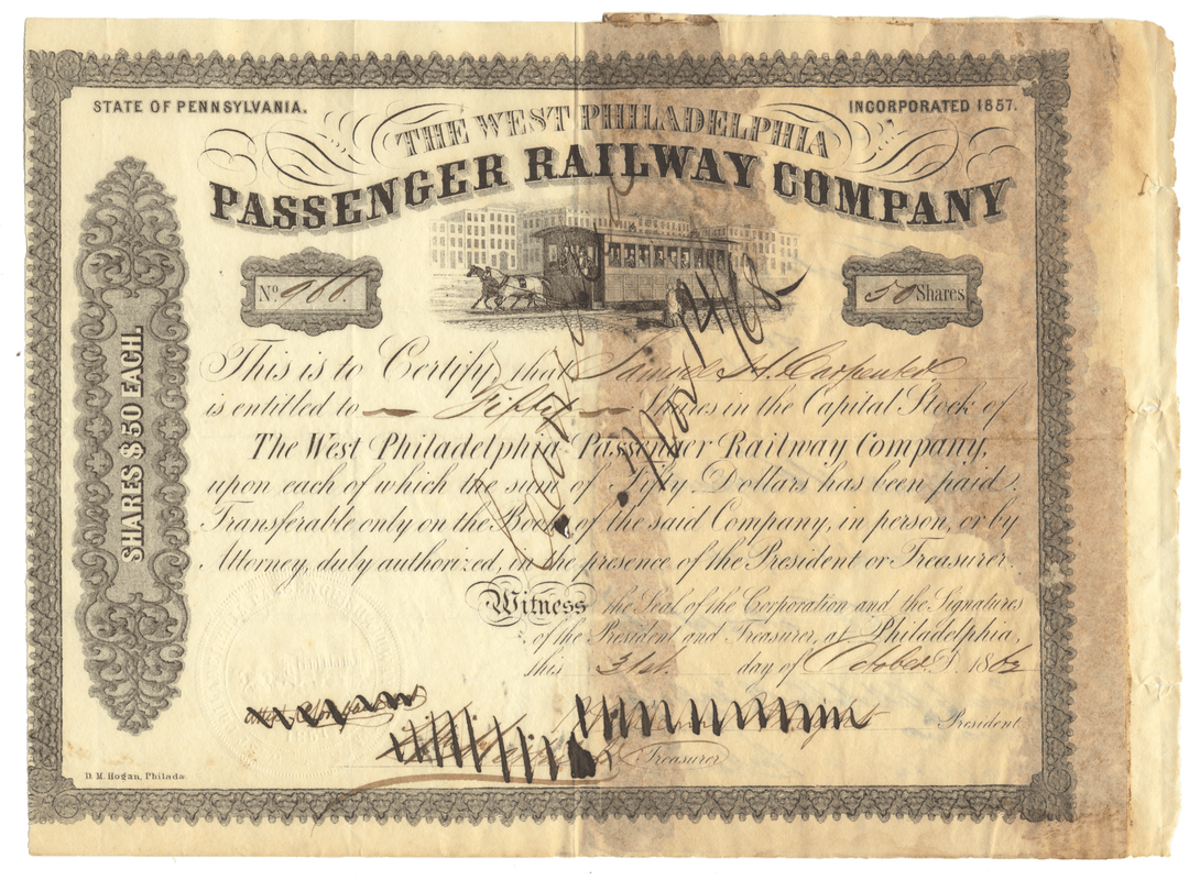 West Philadelphia Passenger Railway Company stock certificate from 1862