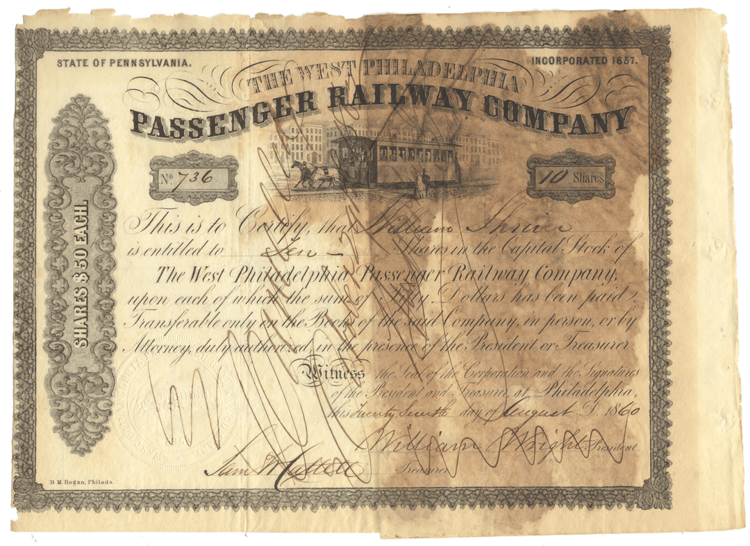 West Philadelphia Passenger Railway Company Stock Certificate