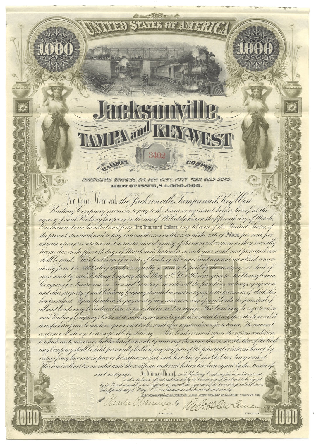 Vintage bond certificate for Jacksonville, Tampa and Key West Railroad Company with decorative elements from 1890
