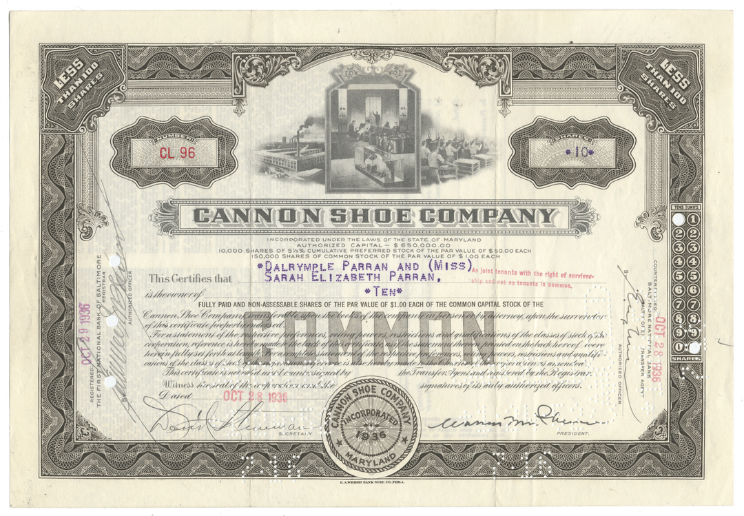 Cannon Shoe Company stock certificate with decorative elements from 1936
