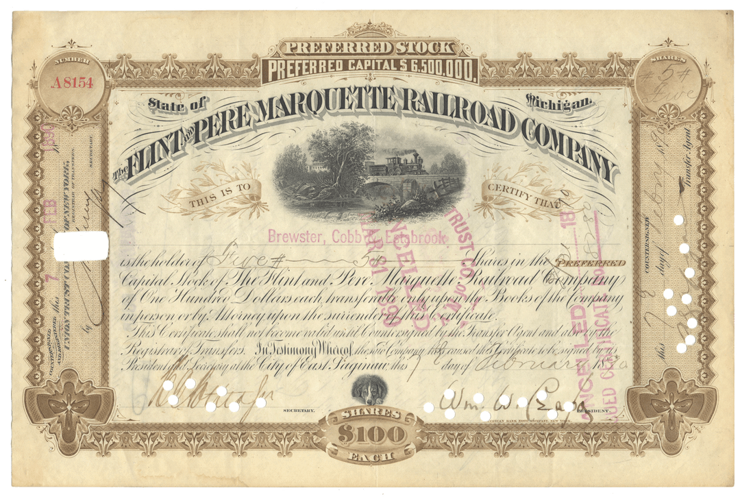 Vintage stock certificate for the Flint and Pere Marquette Railroad Company with decorative elements from 1890
