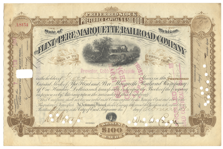 Vintage stock certificate for the Flint and Pere Marquette Railroad Company with decorative elements from 1890