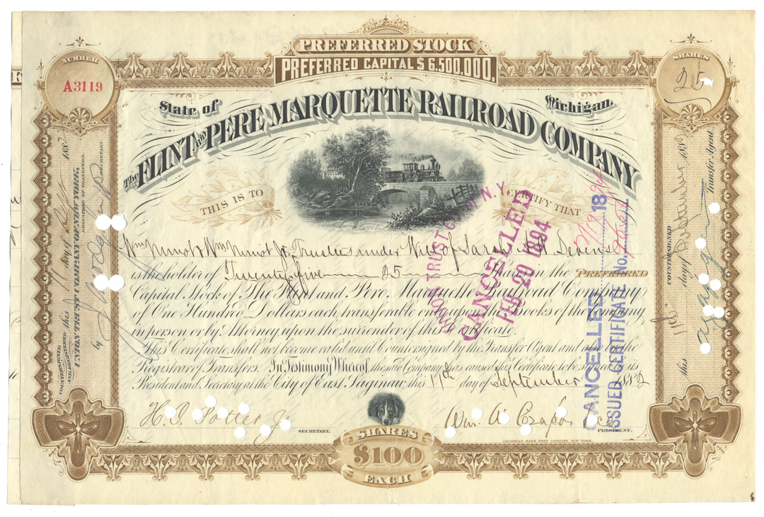 Flint and Pere Marquette Railroad Company Stock Certificate