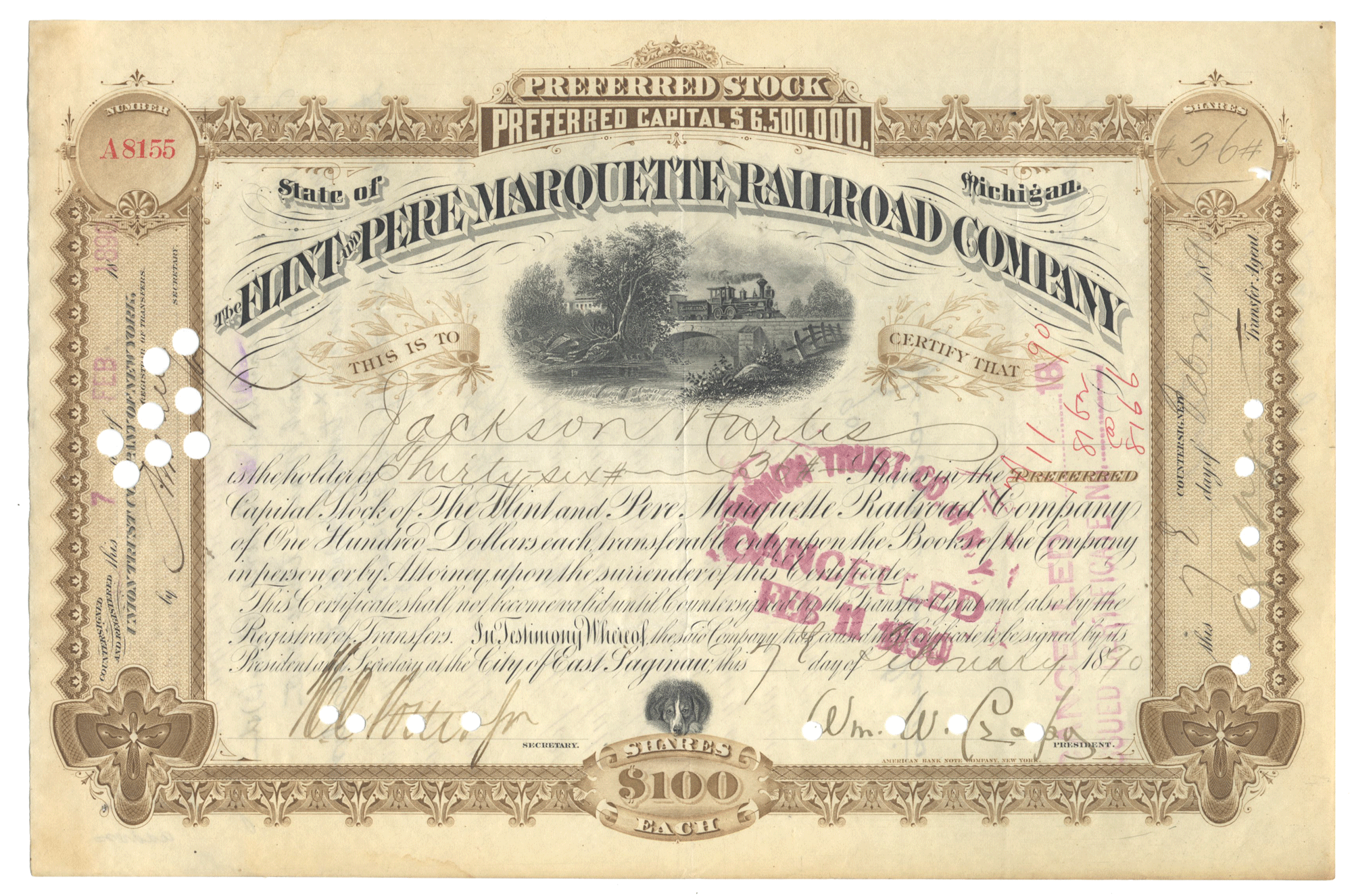 Vintage stock certificate for the Flint and Pere Marquette Railroad Company from 1890