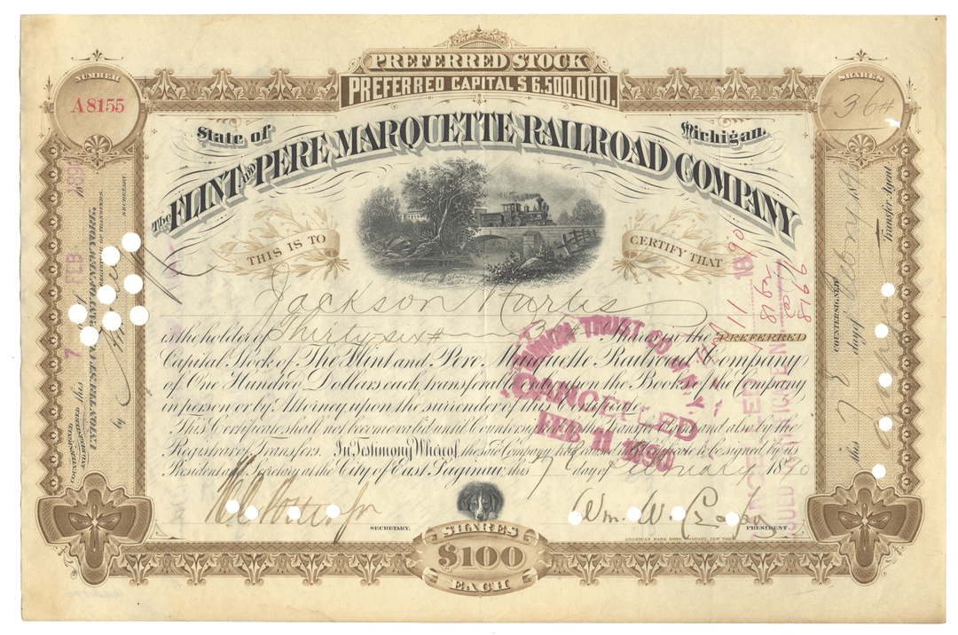 Vintage stock certificate for the Flint and Pere Marquette Railroad Company from 1890