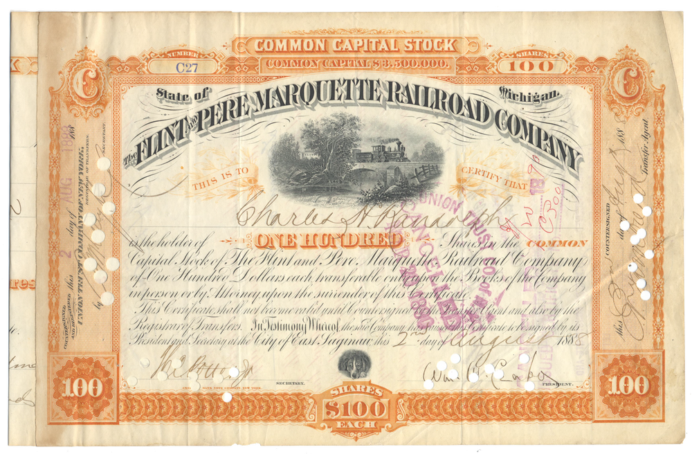 Flint and Pere Marquette Railroad Company Stock Certificate