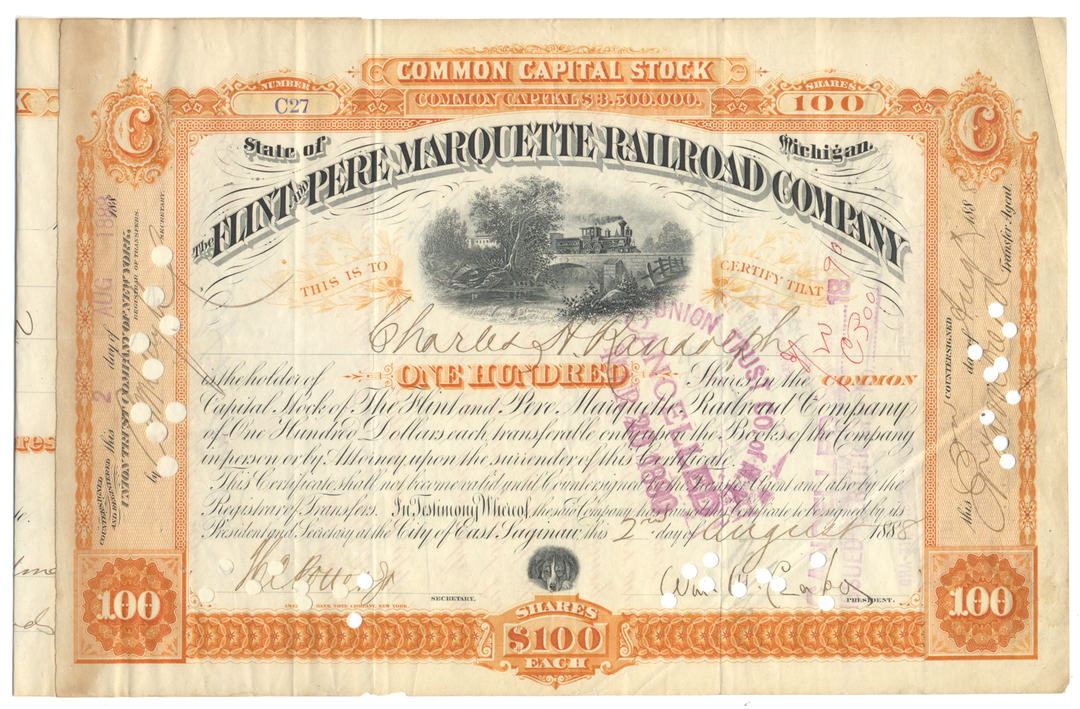 Flint and Pere Marquette Railroad Company Stock Certificate