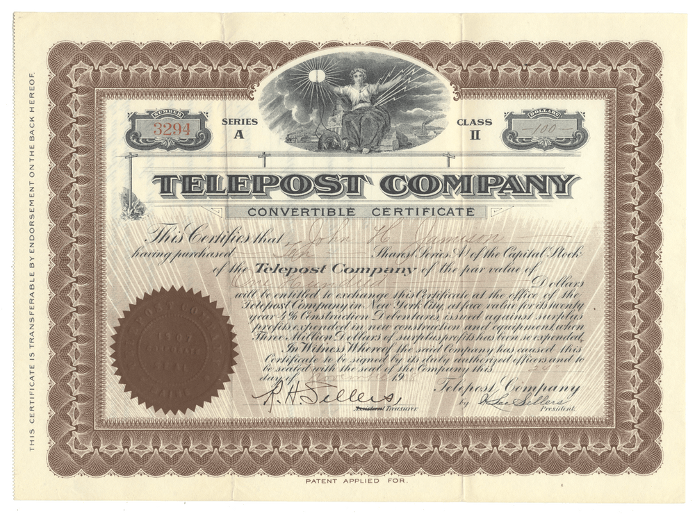 Vintage Telepost Company convertible stock certificate with decorative border and text from 1908