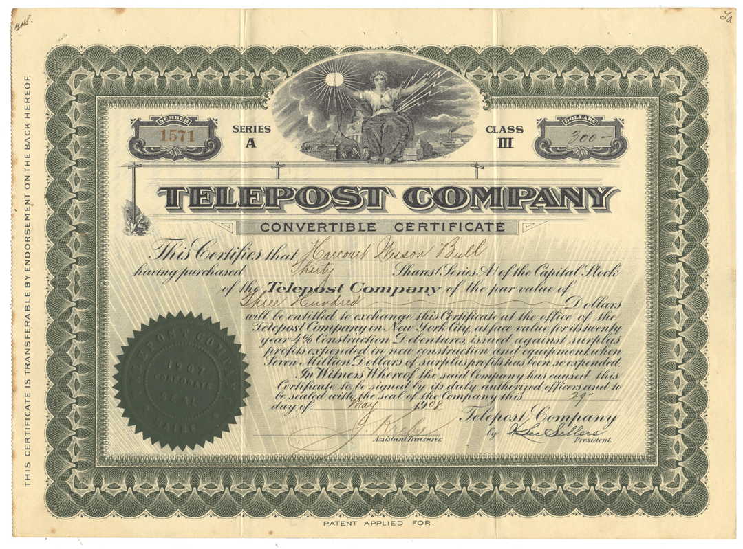 Vintage stock certificate from the Telepost Company with decorative elements and text.