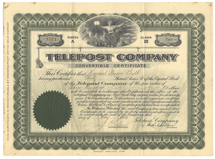 Vintage stock certificate from the Telepost Company with decorative elements and text.