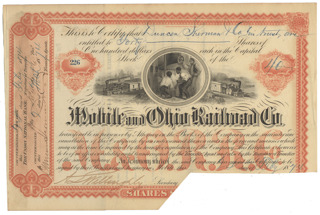 Historical stock certificate for Mobile and Ohio Railroad Co.