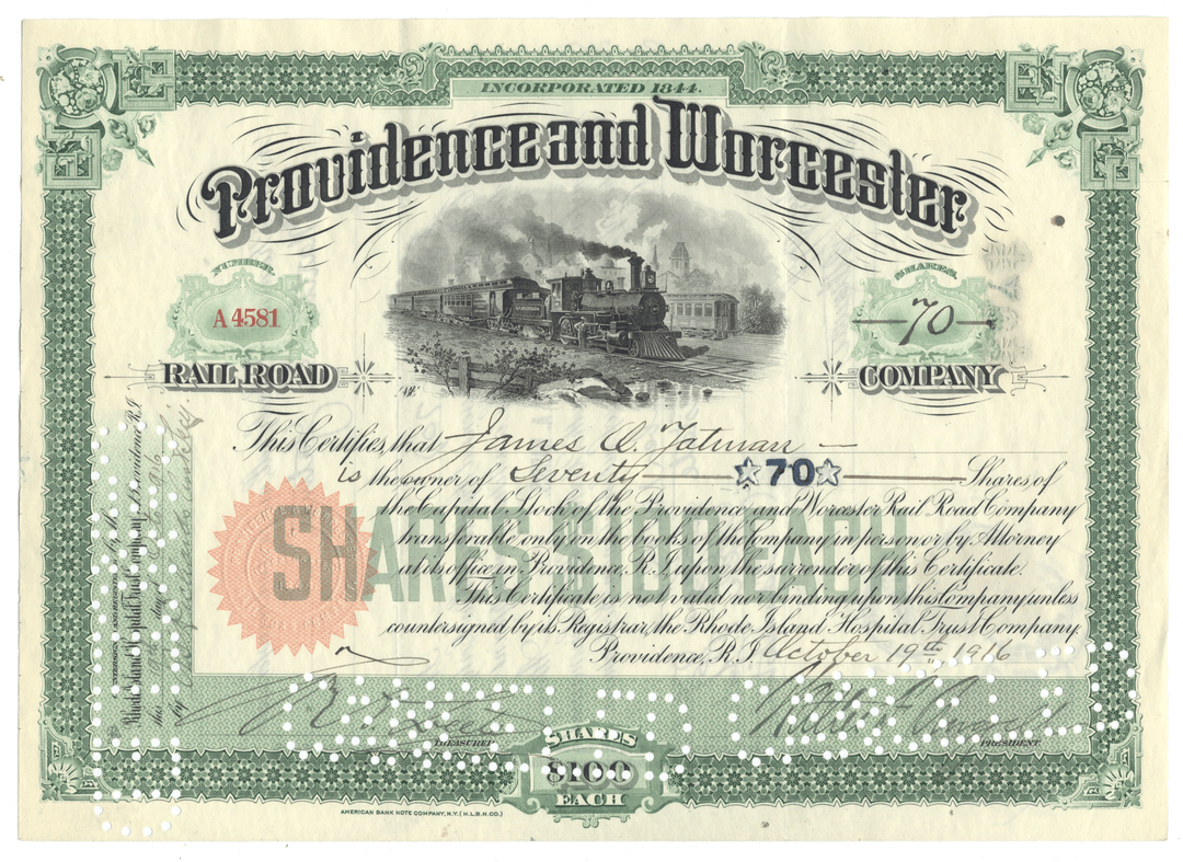 An antique stock certificate for the Providence and Worcester Railroad, dated 1916, featuring  a central illustration of a steam locomotive, and a red circular stamp.