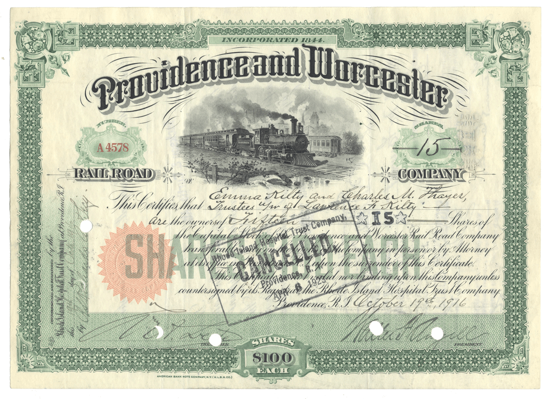 Providence and Worcester Rail Road Company stock certificate dated 1916