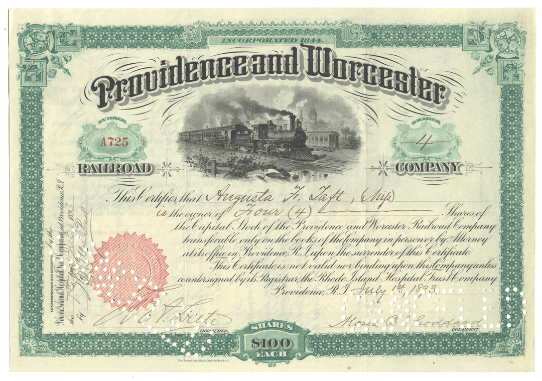 An antique Providence and Worcester Railroad stock certificate from 1893