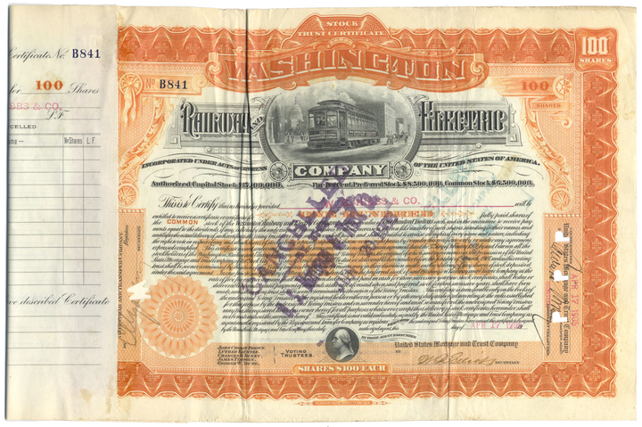 Washington Railway and Electric Company Stock Certificate