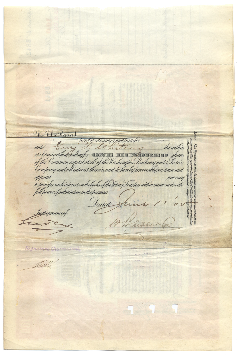 Washington Railway and Electric Company Stock Certificate