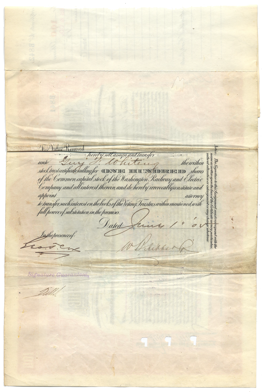 Washington Railway and Electric Company Stock Certificate