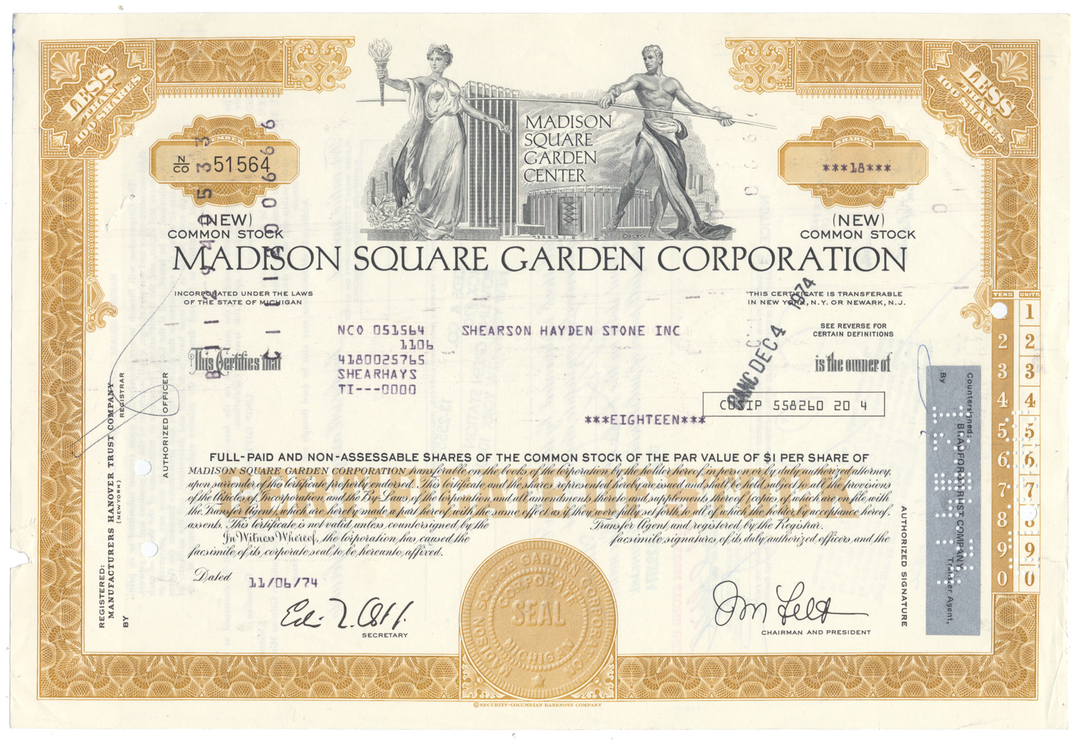 Madison Square Garden Corporation Stock Certificate