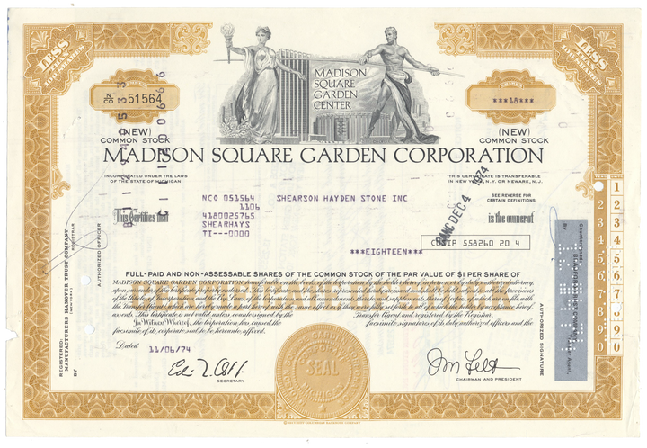 Madison Square Garden Corporation Stock Certificate