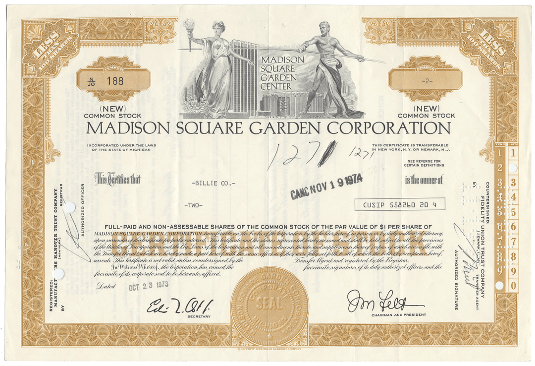 Madison Square Garden Corporation Stock Certificate