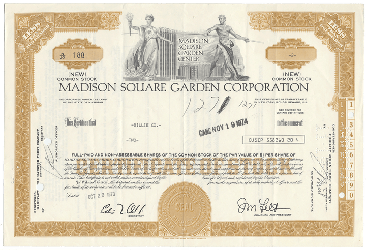 Madison Square Garden Corporation Stock Certificate